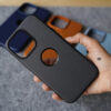 TIJAS Grainy Textured Premium Vegan Leather iPhone Case with Apple Logo Cut (iPhone 13, Black) - Image 6