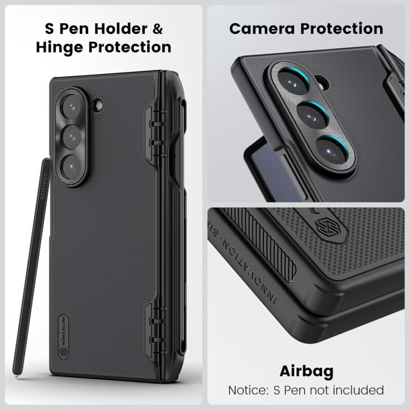 TIJAS Nillkin Super Frosted Shield Matte Cover Case with S-Pen Holder for Samsung Galaxy Z Fold 6 (7.6" inch)[Creative Hinge Protection] Shockproof,Metal Lens Protective Slim Case (Black) - Image 4