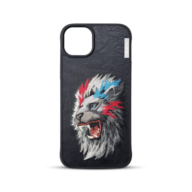 TIJAS Nimmy Design Lion Side Face for iPhone Shockproof Leather Phone Case with Embroidery Anti-Slip Scratch Resistant Protective Cover - Black (iphone 15 Pro)