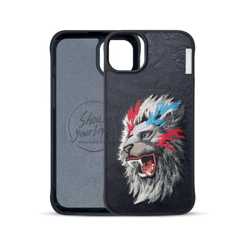 TIJAS Nimmy Design Lion Side Face for iPhone Shockproof Leather Phone Case with Embroidery Anti-Slip Scratch Resistant Protective Cover - Black (iphone 15 Pro) - Image 2