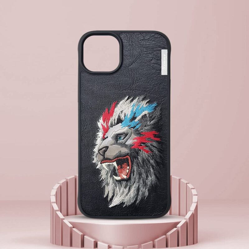 TIJAS Nimmy Design Lion Side Face for iPhone Shockproof Leather Phone Case with Embroidery Anti-Slip Scratch Resistant Protective Cover - Black (iphone 15 Pro) - Image 3