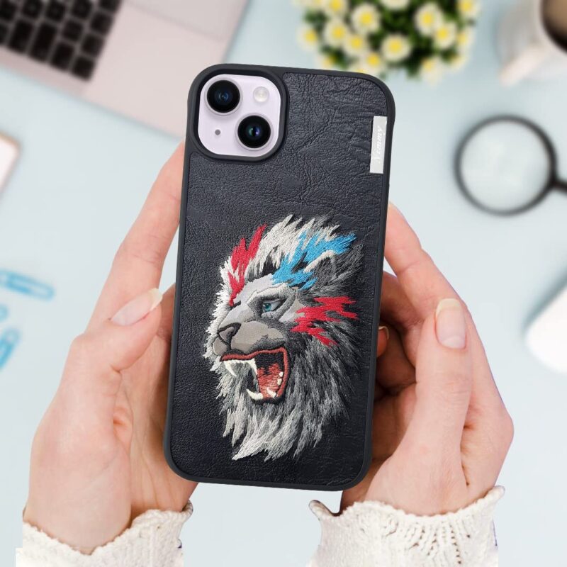 TIJAS Nimmy Design Lion Side Face for iPhone Shockproof Leather Phone Case with Embroidery Anti-Slip Scratch Resistant Protective Cover - Black (iphone 15 Pro) - Image 5